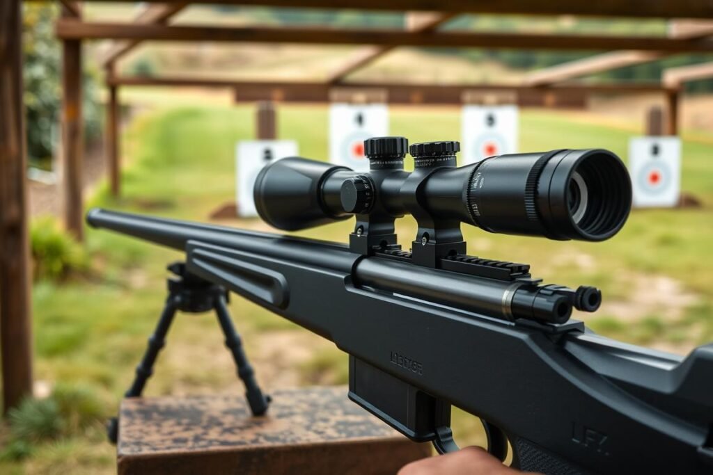 A .177 air rifle with scope being zeroed at a UK shooting range