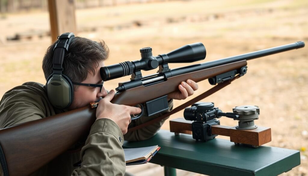 A centrefire rifle being zeroed at a UK shooting range with ballistic chart visible