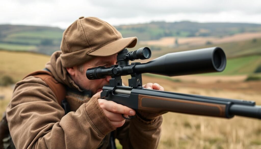 A hunter using a rifle scope in the British countryside, demonstrating proper scope mounting and eye relief