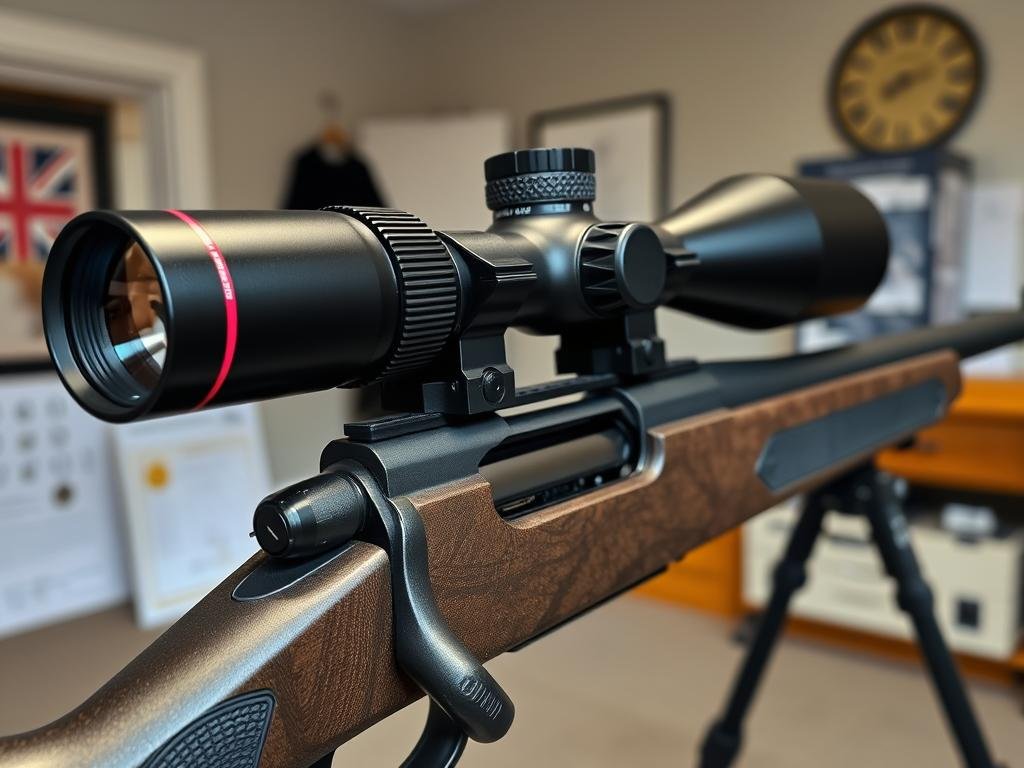A rifle scope mounted on a UK-legal rifle with proper documentation visible in the background