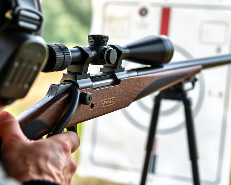 A rimfire rifle being zeroed with target showing shot grouping