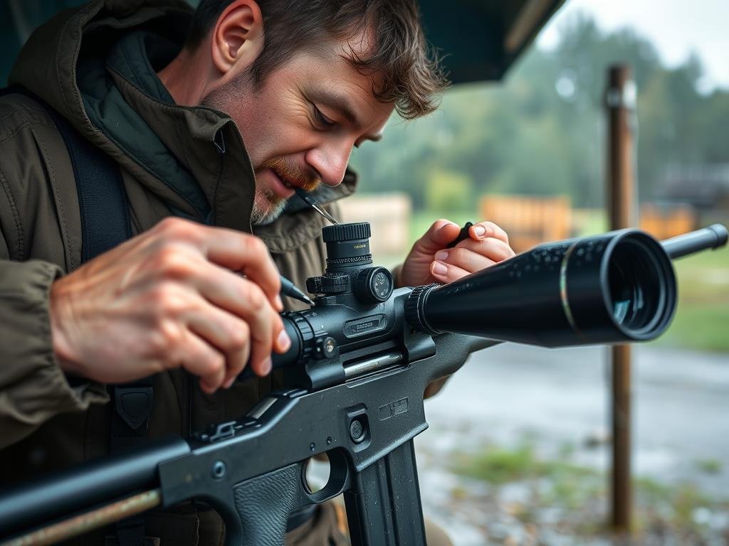 A shooter cleaning and maintaining a rifle scope in typical UK weather conditions