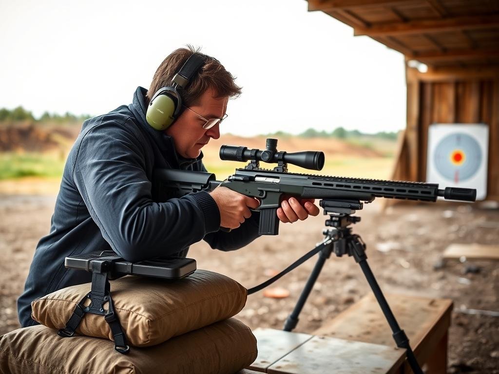 A shooter setting up a rifle on a stable shooting rest at a UK range