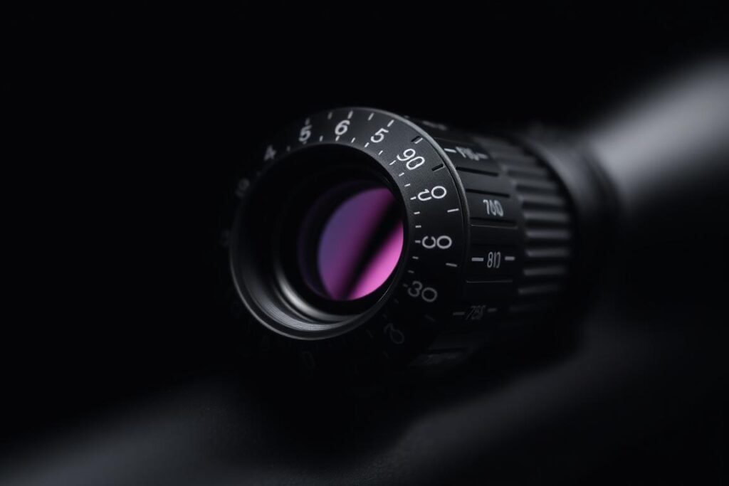 Close-up of rifle scope magnification adjustment ring