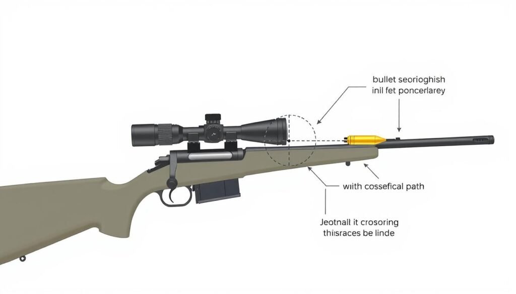 Diagram showing the concept of zeroing a rifle scope with trajectory path and point of impact