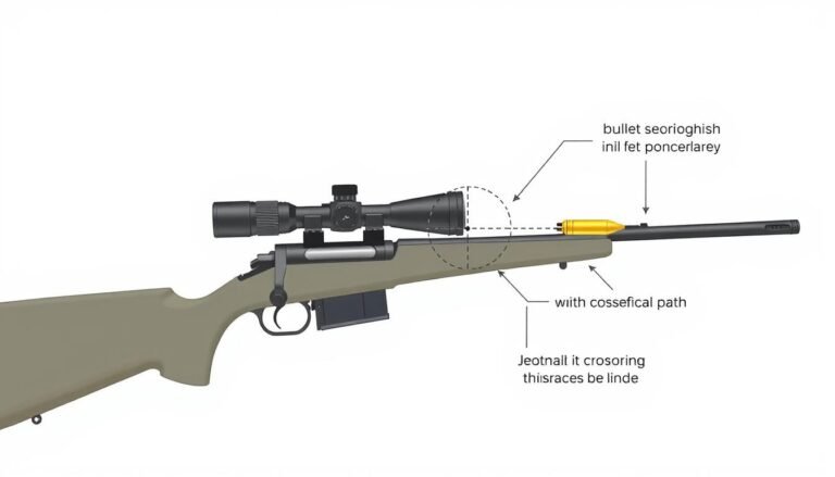 Diagram showing the concept of zeroing a rifle scope with trajectory path and point of impact