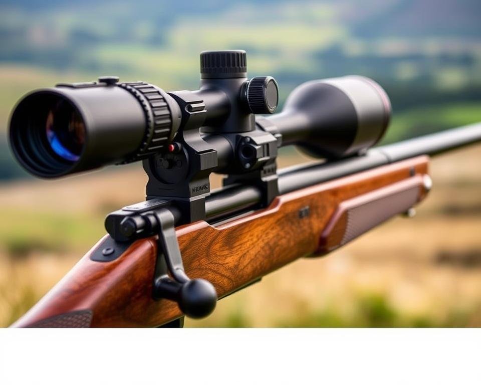 Hawke Sidewinder 30 FFP 4-16x50 rifle scope mounted on a hunting rifle with British countryside in background