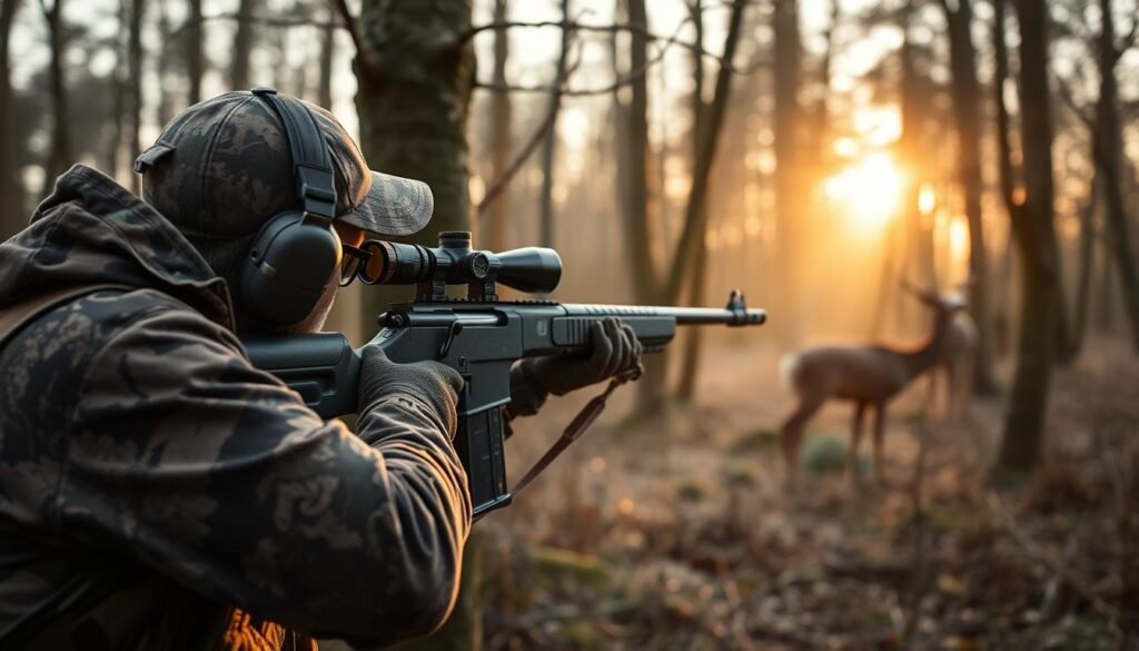 Hunter using a scoped rifle for deer stalking in UK woodland