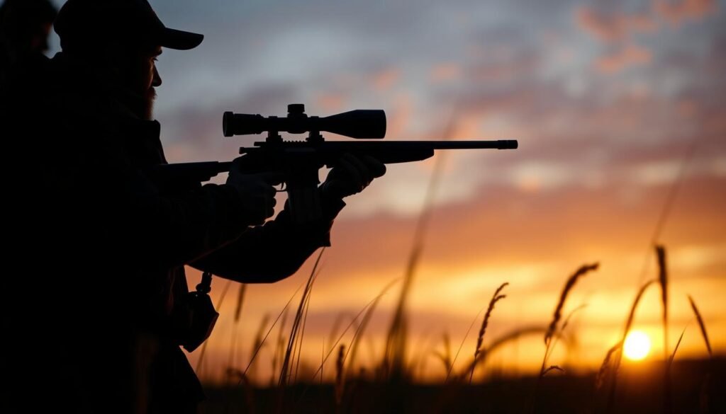 Hunter with scoped rifle walking at sunset in UK countryside