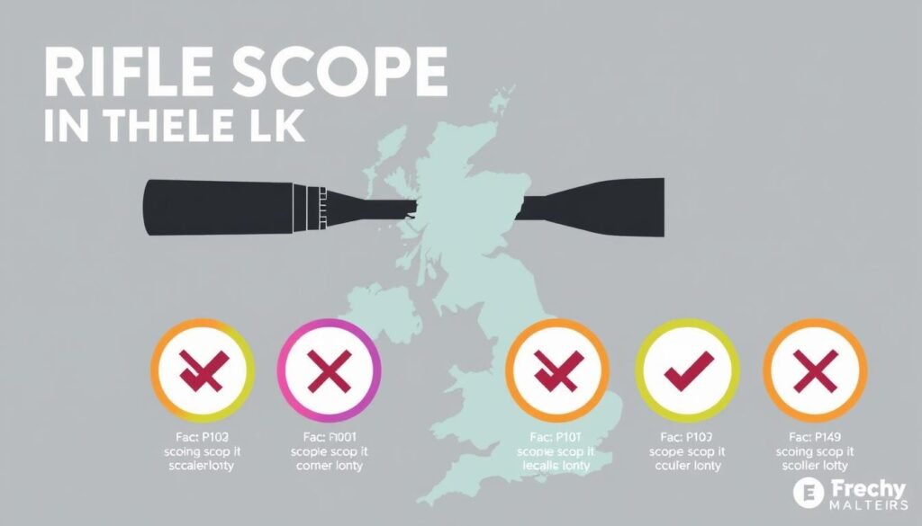 Illustration showing common myths about rifle scope legality in the UK with fact-checking symbols