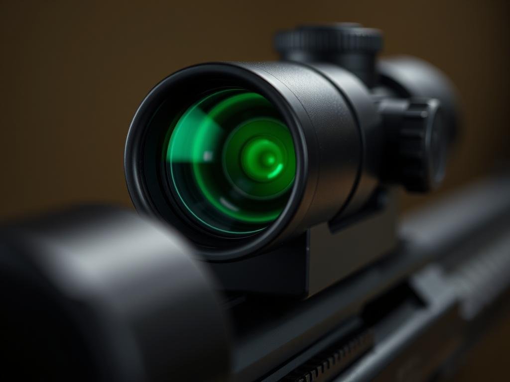 Night vision rifle scope showing green-tinted view through the scope