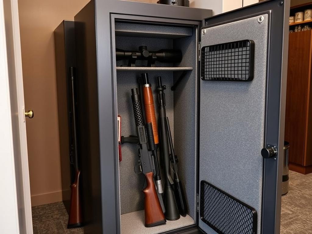 Secure gun cabinet with rifles and scopes properly stored
