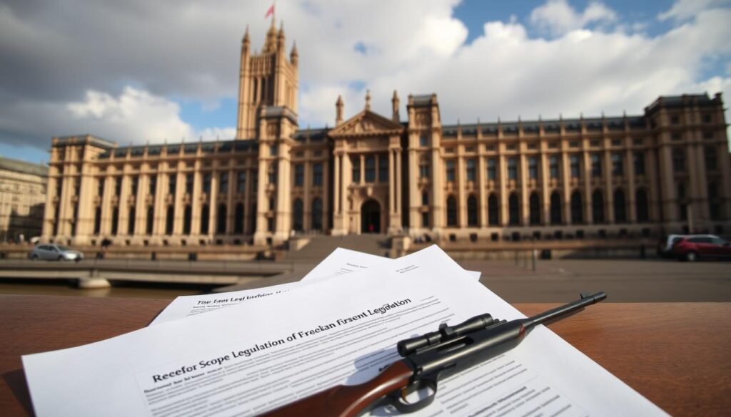 UK Parliament building with focus on legal documents related to firearms legislation
