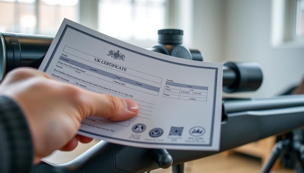 UK firearms certificate being checked alongside a scoped rifle