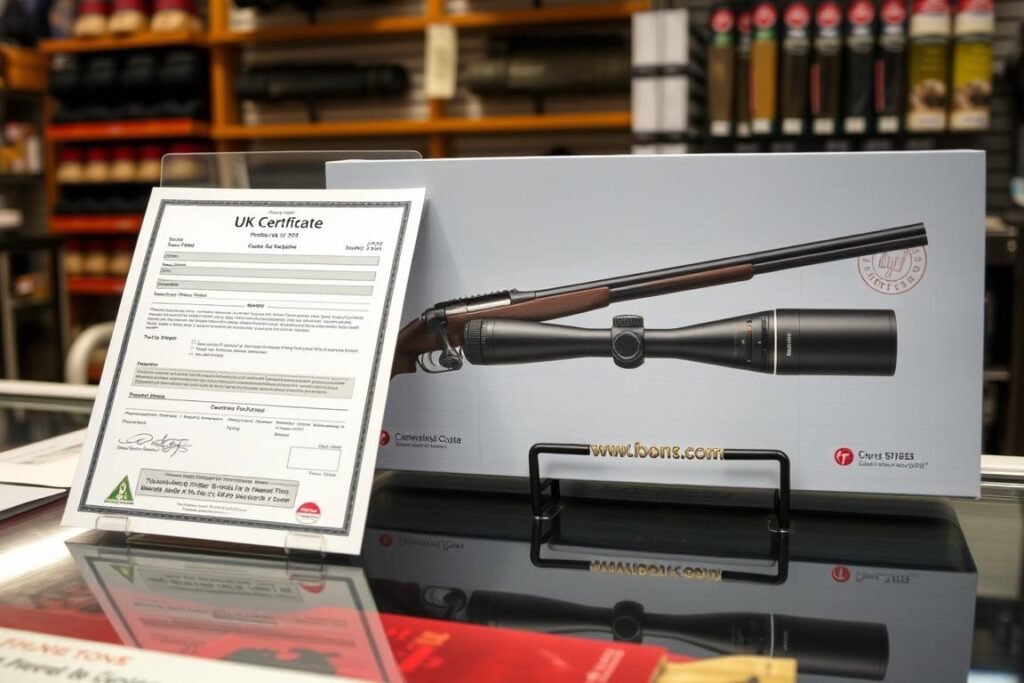 UK firearms certificate displayed next to a rifle scope box