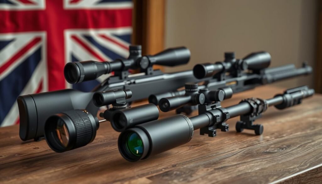 Various legal rifle scopes displayed on a table with UK flag in background