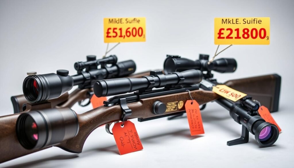 Various rifle scopes suitable for UK legal use displayed with price tags